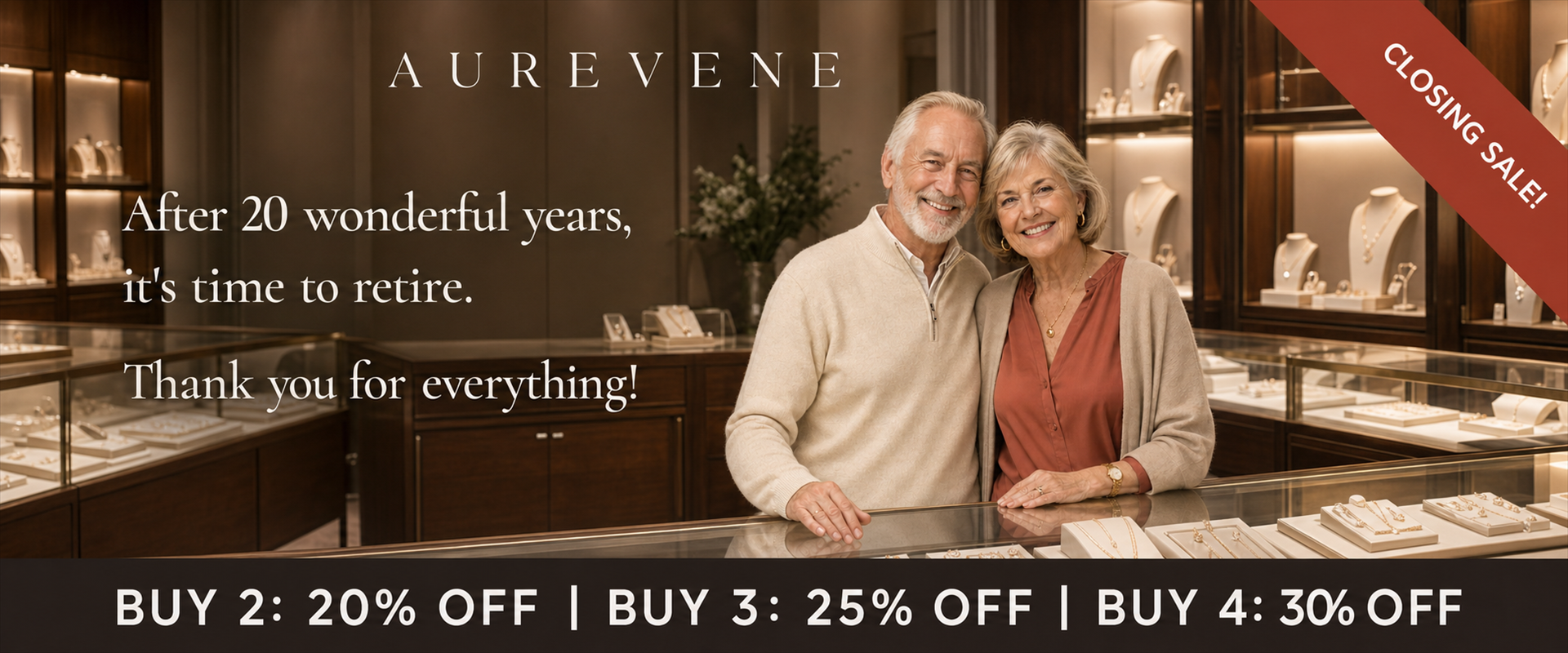 AUREVENE closing sale: after 20 wonderful years, it's time to retire. Thank you for everything. Buy 2: 20% off, buy 3: 25% off, buy 4: 30% off.