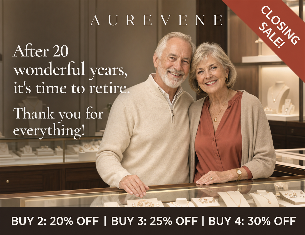 AUREVENE closing sale: after 20 wonderful years, it's time to retire. Thank you for everything. Buy 2: 20% off, buy 3: 25% off, buy 4: 30% off.