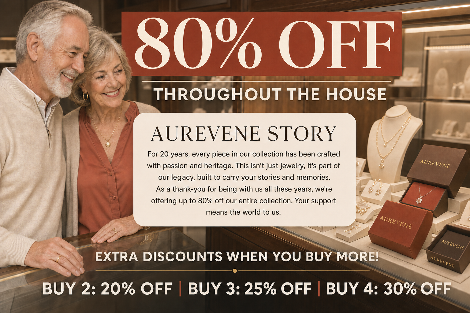 AUREVENE Story: 80% off throughout the House. For 20 years every piece has been crafted with passion and heritage. Extra discounts when you buy more - buy 2: 20% off, buy 3: 25% off, buy 4: 30% off.